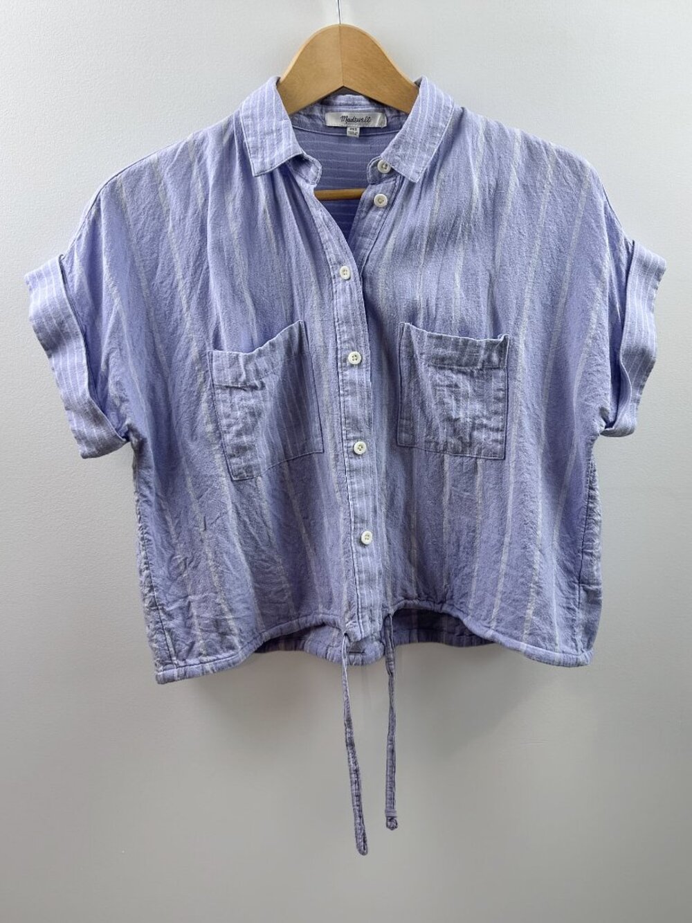 Madewell Cropped Button-Up Shirt XXS | Lavender Striped Drawstring Top